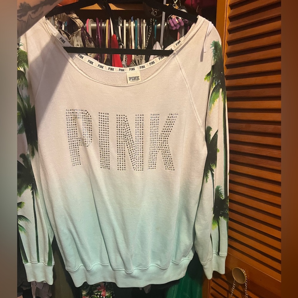 PINK bling M Palm Tree off the shoulder sweater